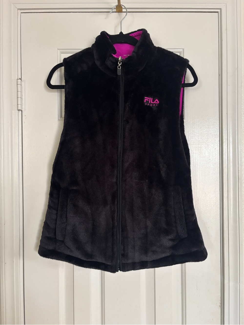 Fila Black Faux-Fur Vest with Pink Accents